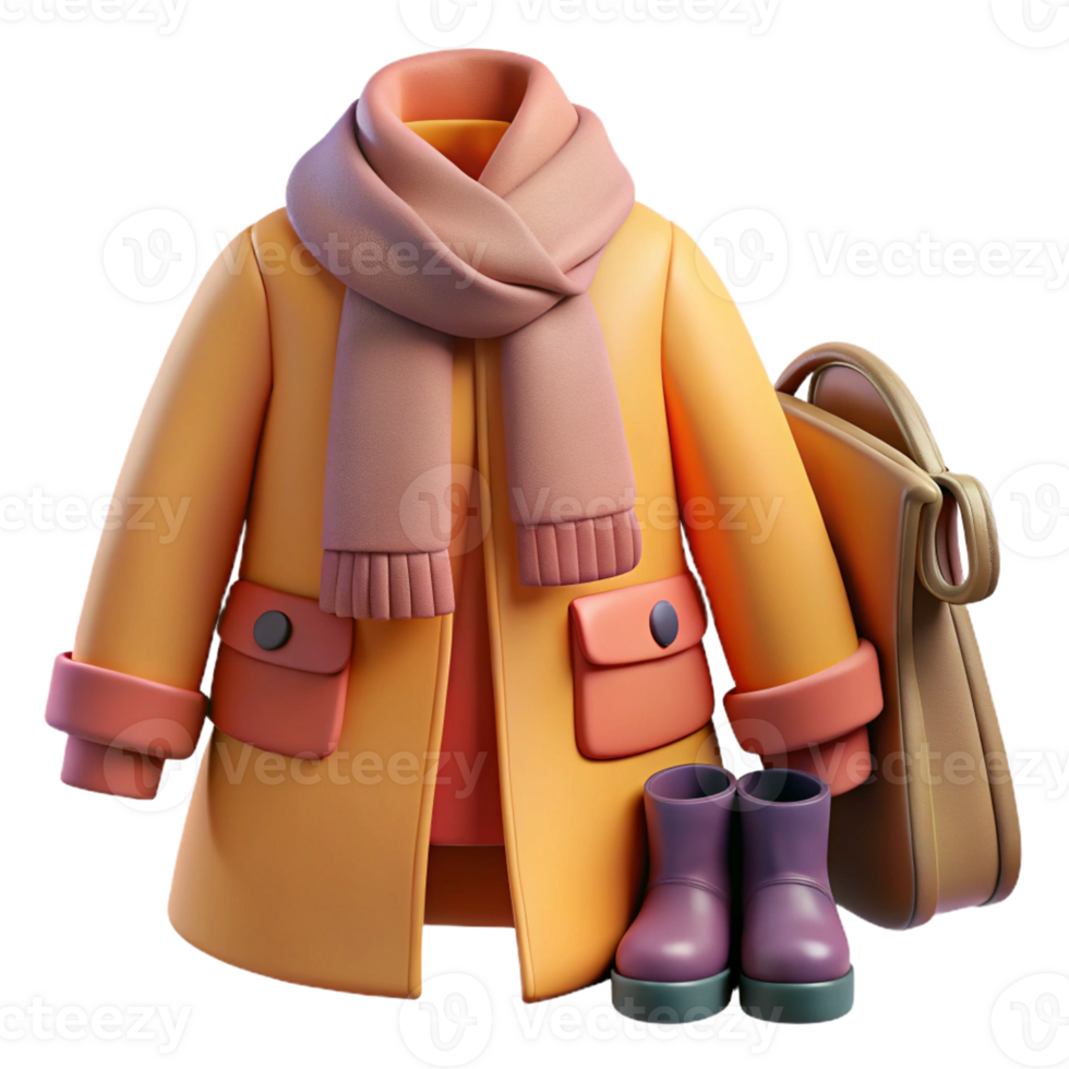 Stylish winter coat with scarf and boots png