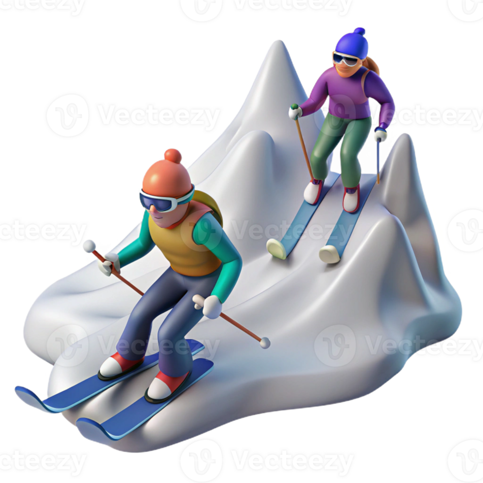 Dynamic skiers sliding down a snowy mountain in 3D png