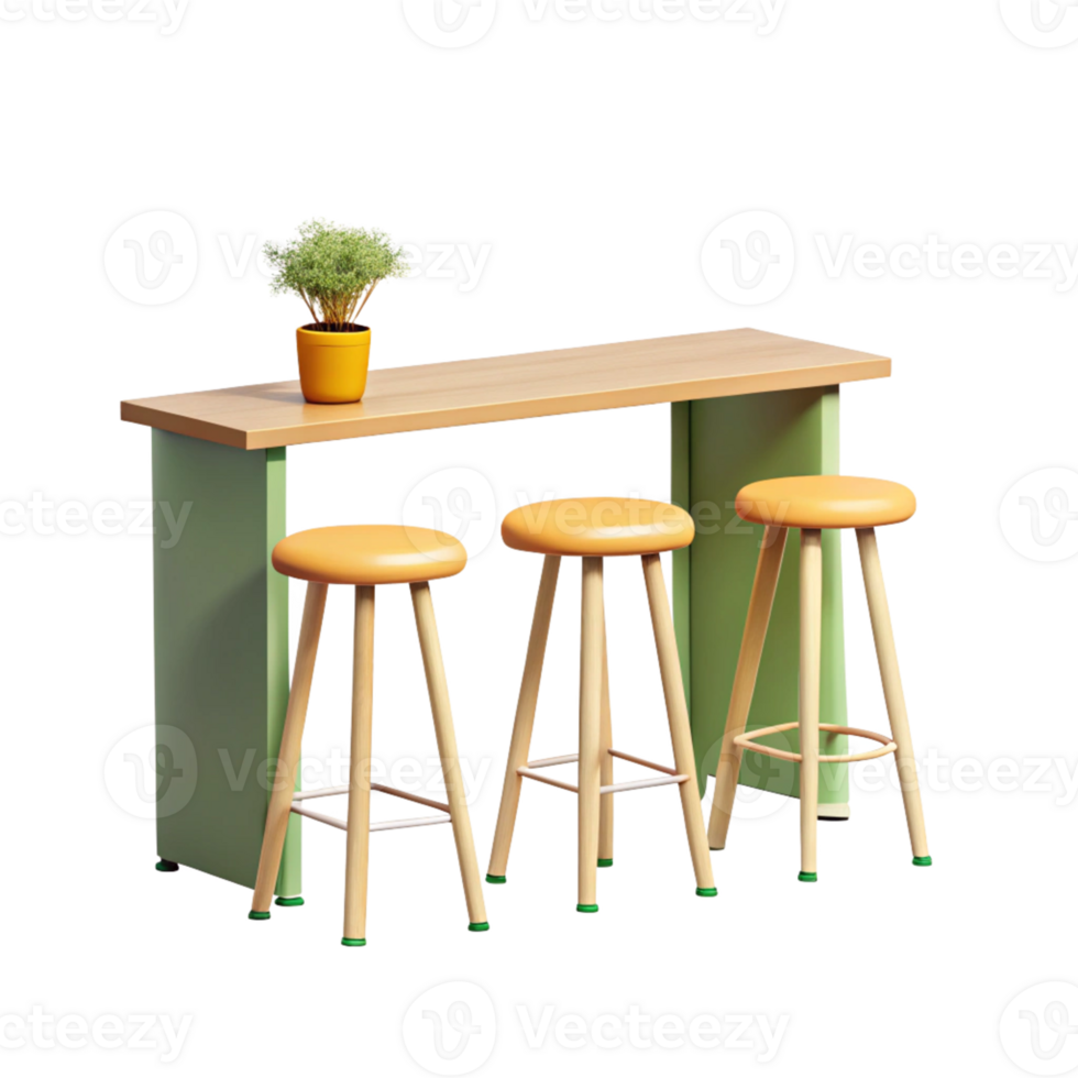 Modern bar table setup with colorful stools in 3D png