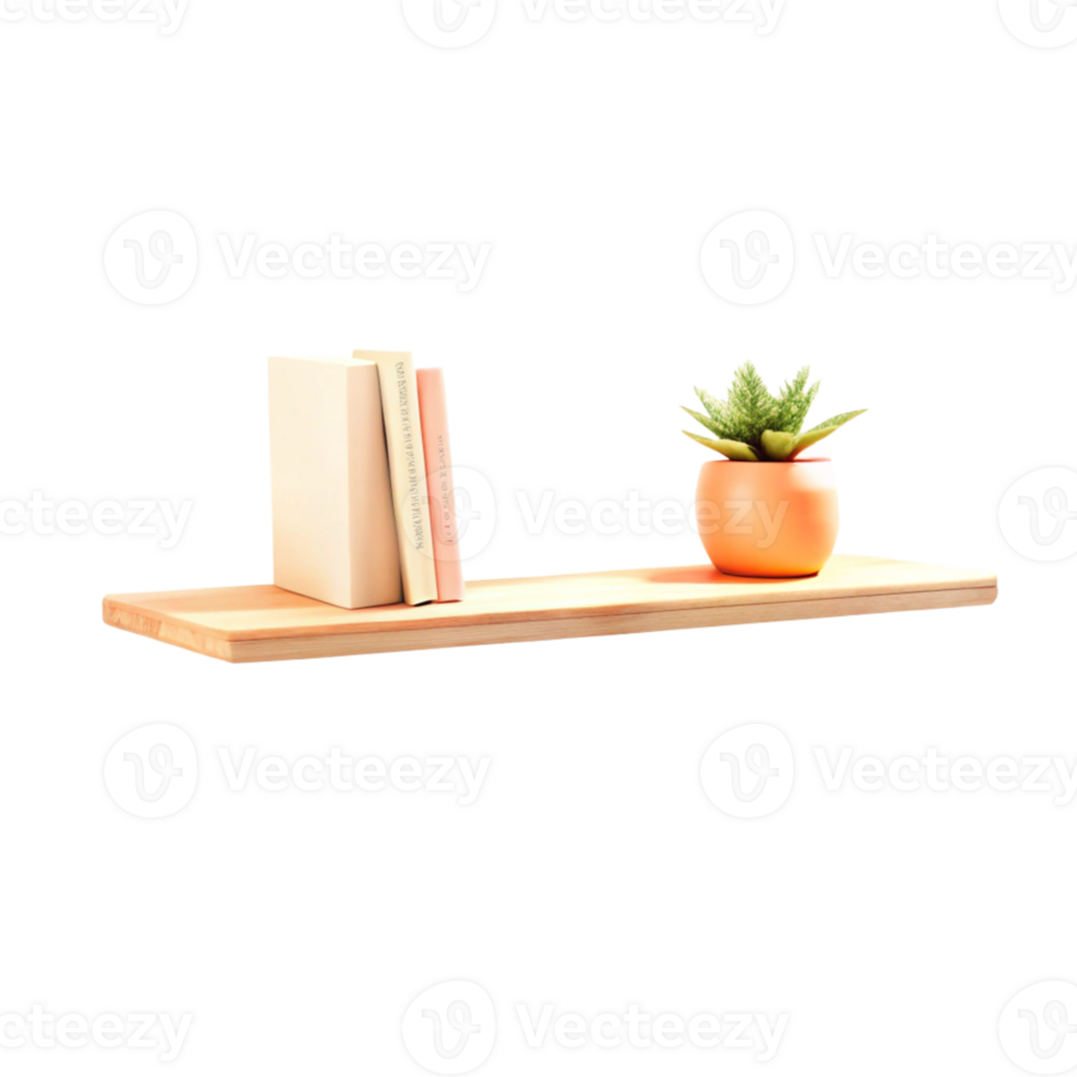 Minimalist wall shelf with books and greenery in 3D png