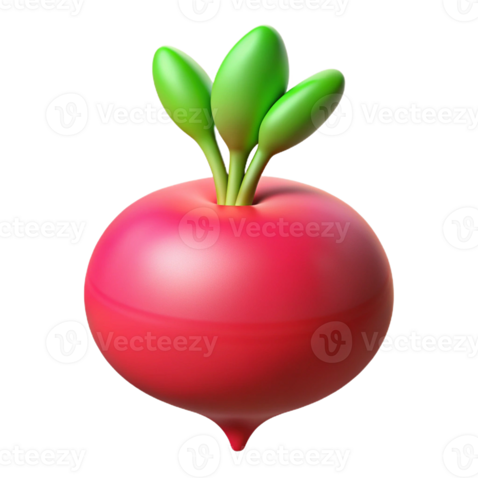 Fresh red radish with green leaves in 3D png