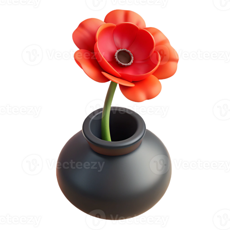 Elegant red poppy flower in a black vase in 3D png