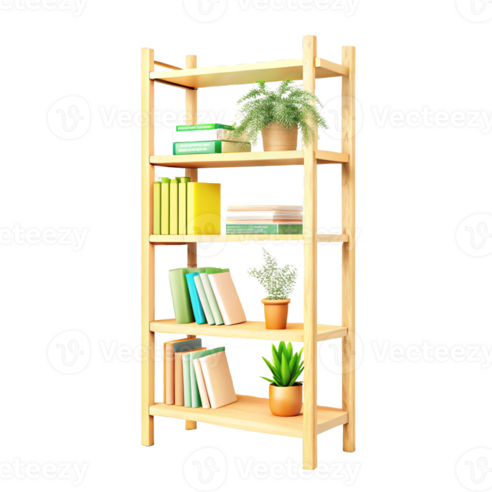 Wooden Bookshelf with Organized Decor png