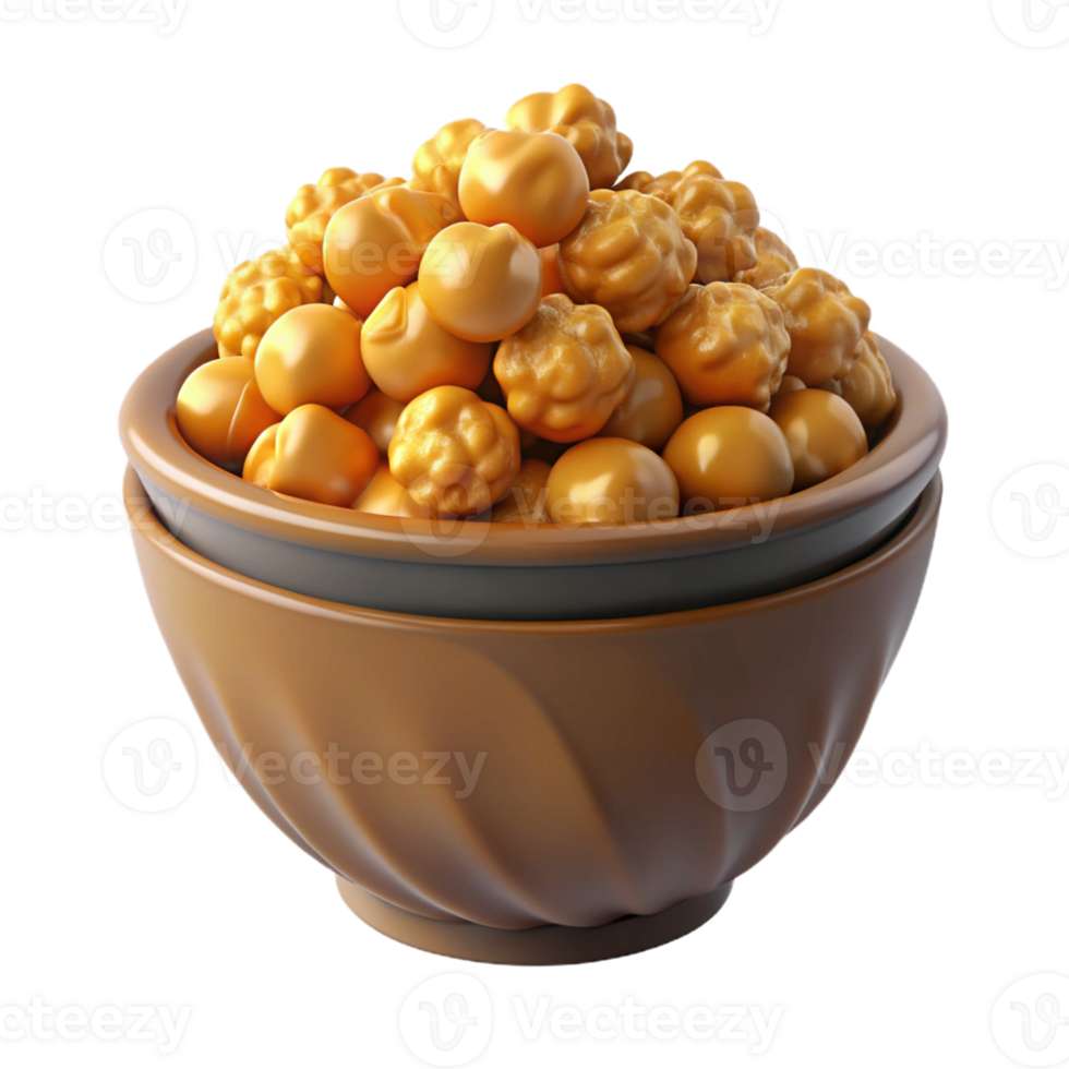 Realistic bowl of golden popcorn in 3D png