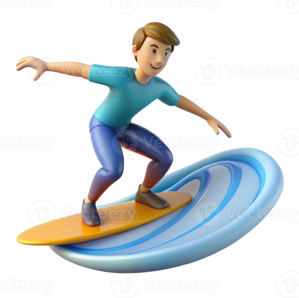 Realistic surfer riding waves in 3D png