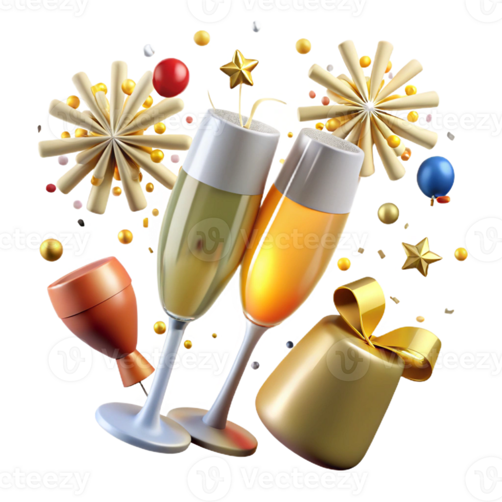 Vibrant champagne glasses with festive decorations in 3D png