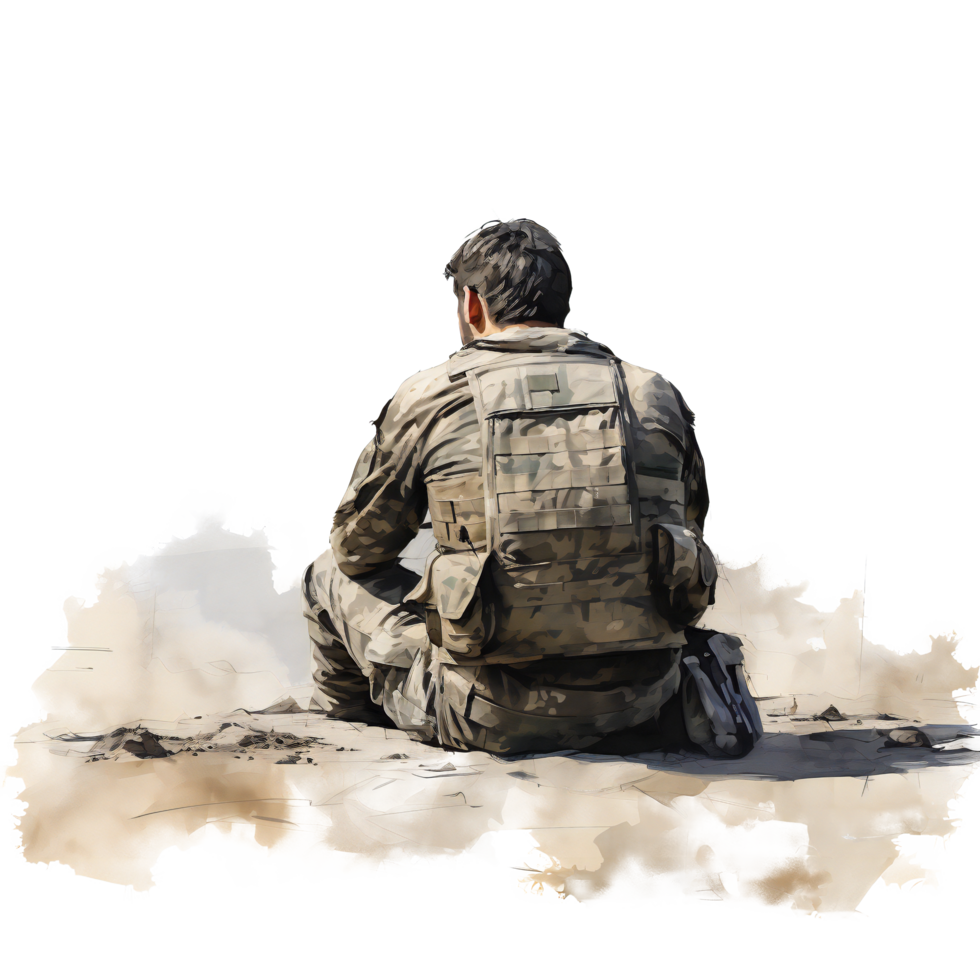 Soldier sitting on ground in desert png