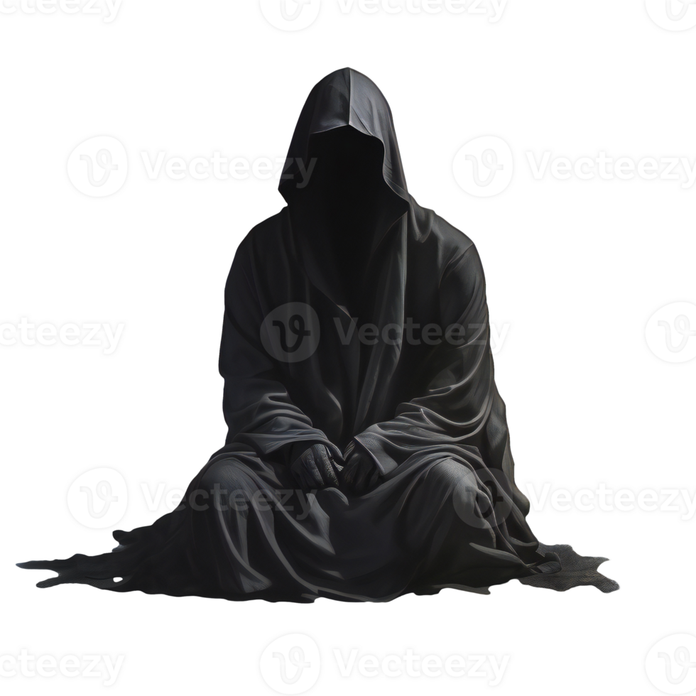 Scary figure in hooded cloak. A dark and sinister figure in a hood isolated on transparent png