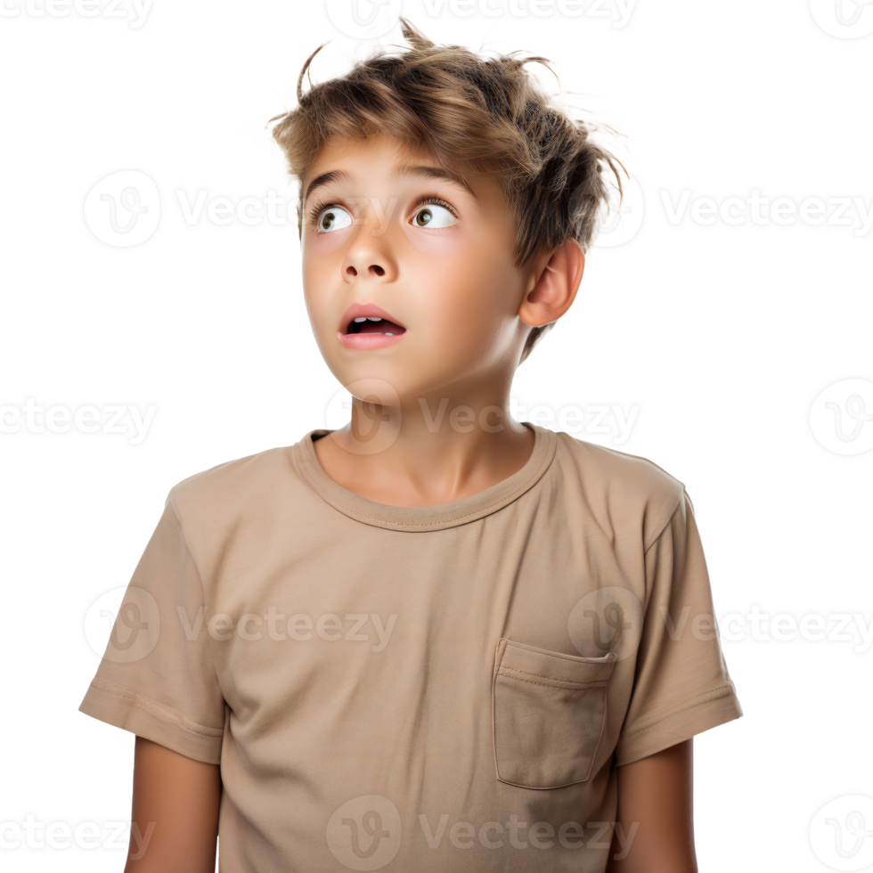 Portrait of boy surprised. boy amazed by news. boy in shock opened mouth. isolated on transparent png