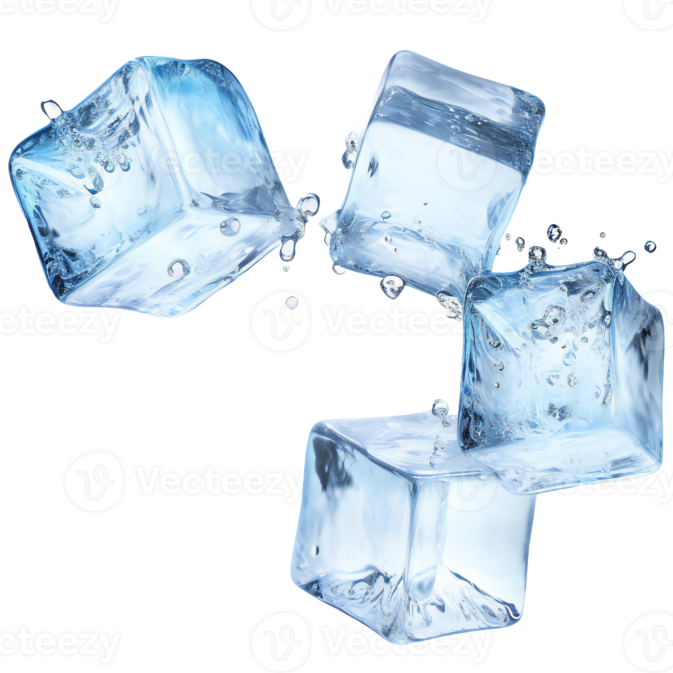 Falling or pouring ice cubes in space. Four flying ice cubes. isolated on transparent png