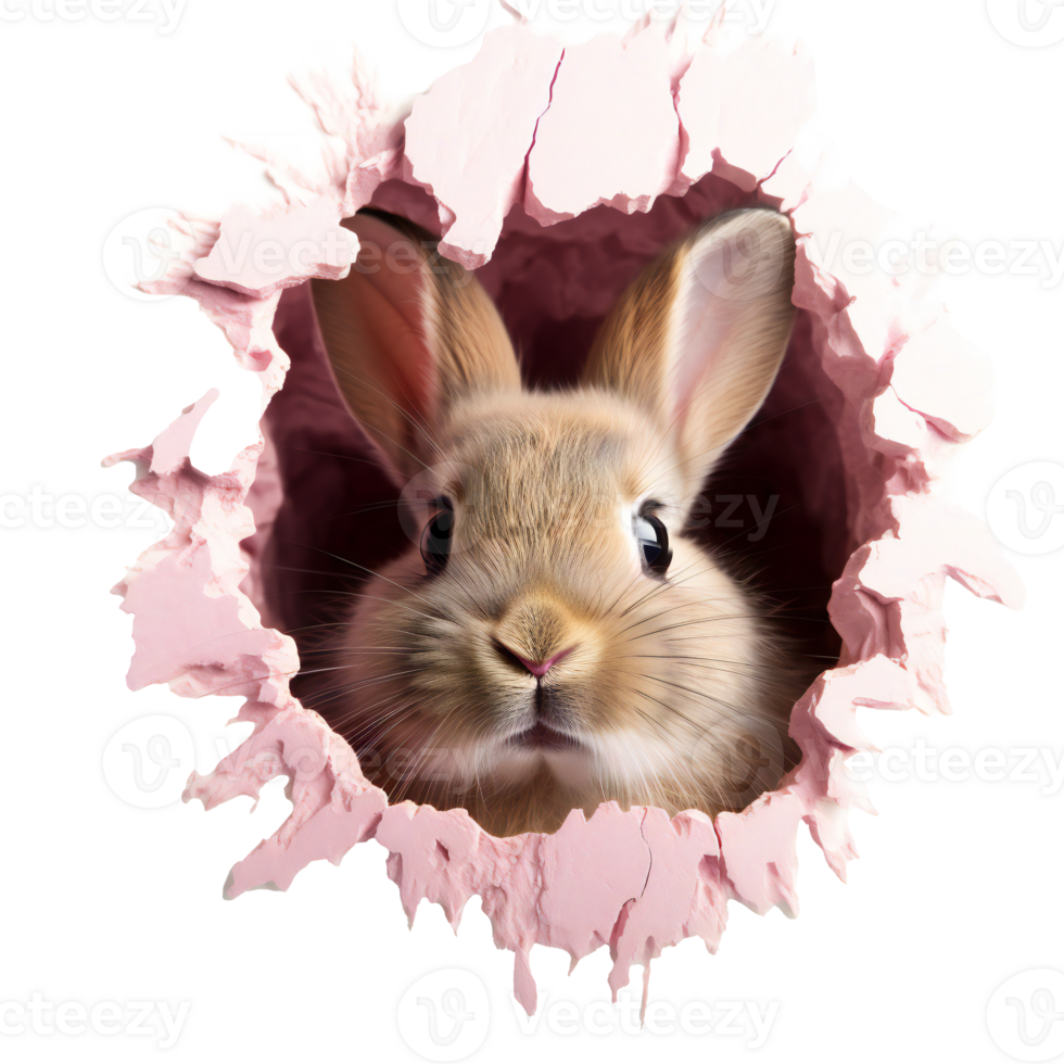A little rabbit looks out of a hole. easter rabbit looks into the pink hole. isolated on transparent png
