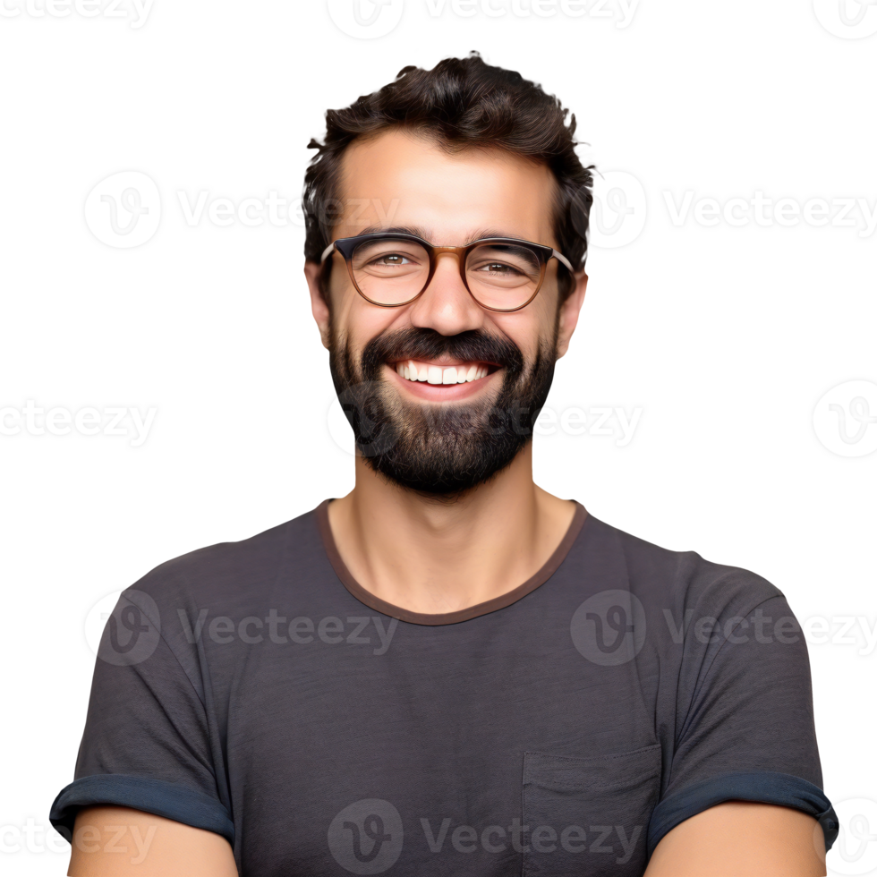 Smiling man with beard wearing casual t-shirt and glasses. Smiling man isolated on transparent png