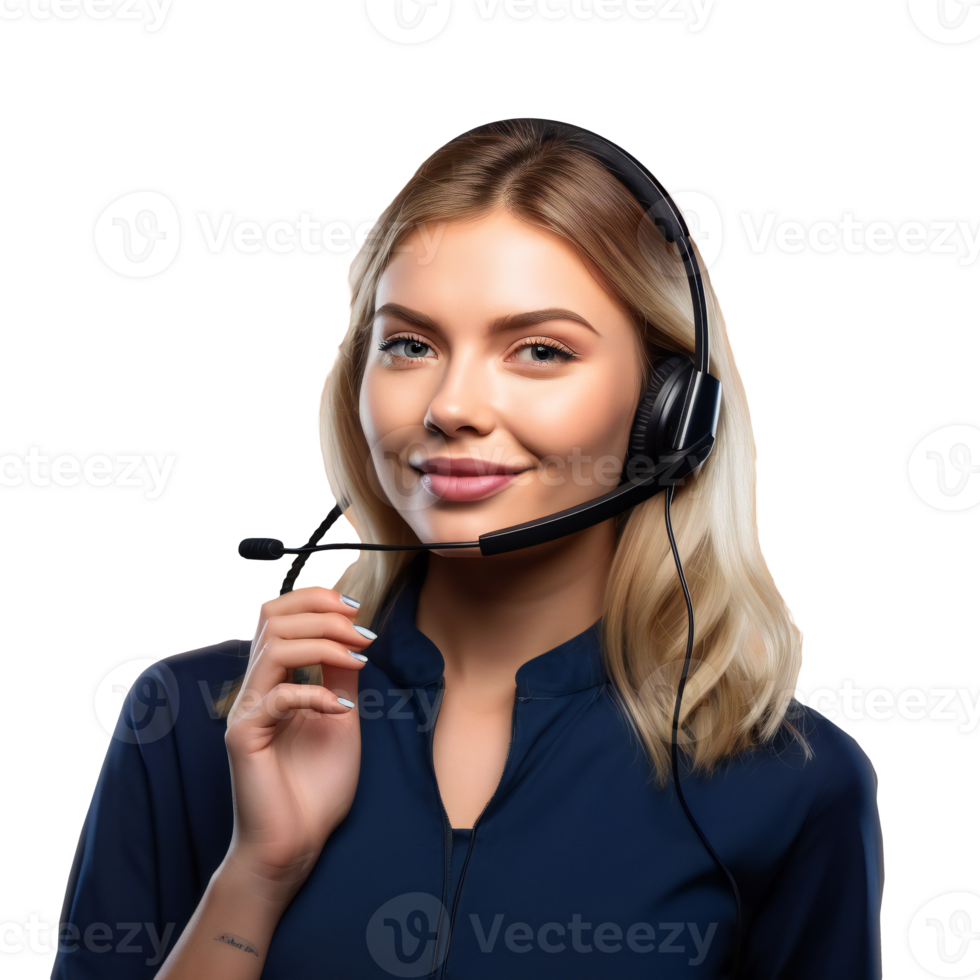 female support phone operator in headset. blonde woman wearing headset isolated on transparent png