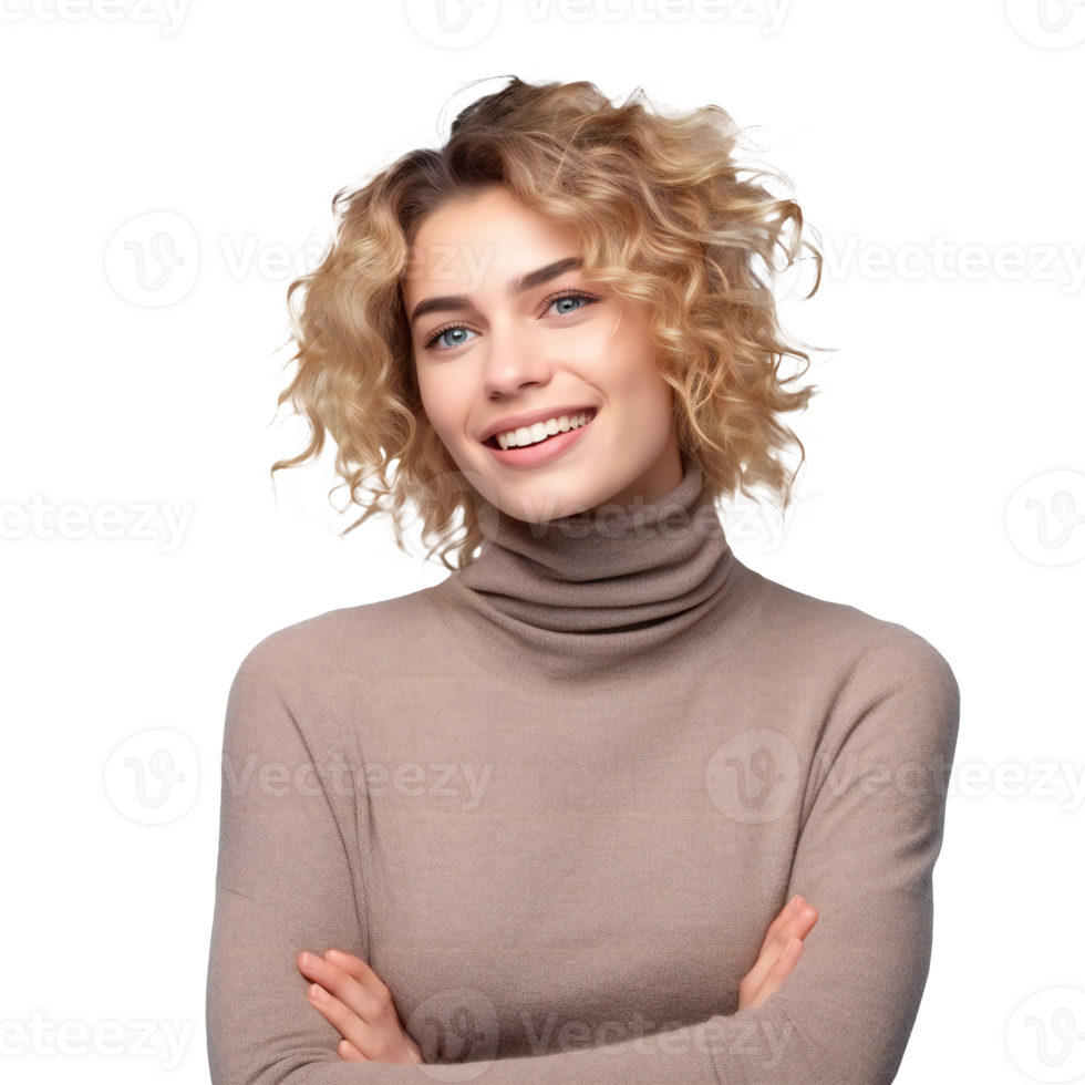 woman with blond curly hair, crossed arms on chest. blond woman isolated on transparent png