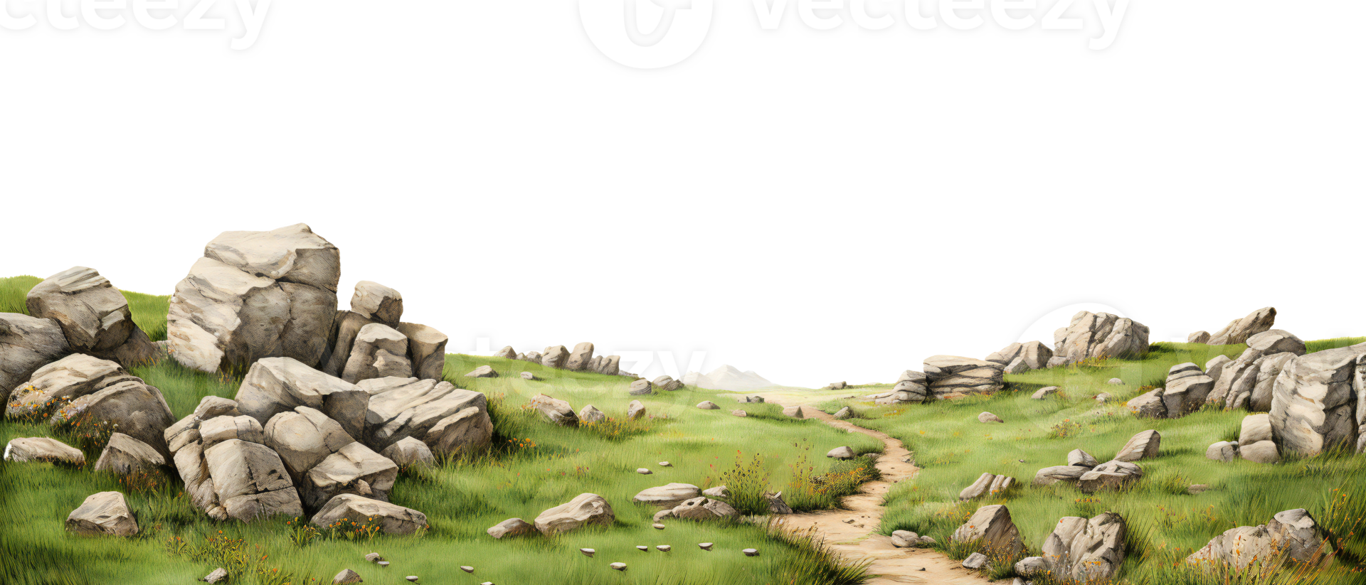 grass fields isolated on transparent. meadow with rocks. meadow with huge stones among the grass. png