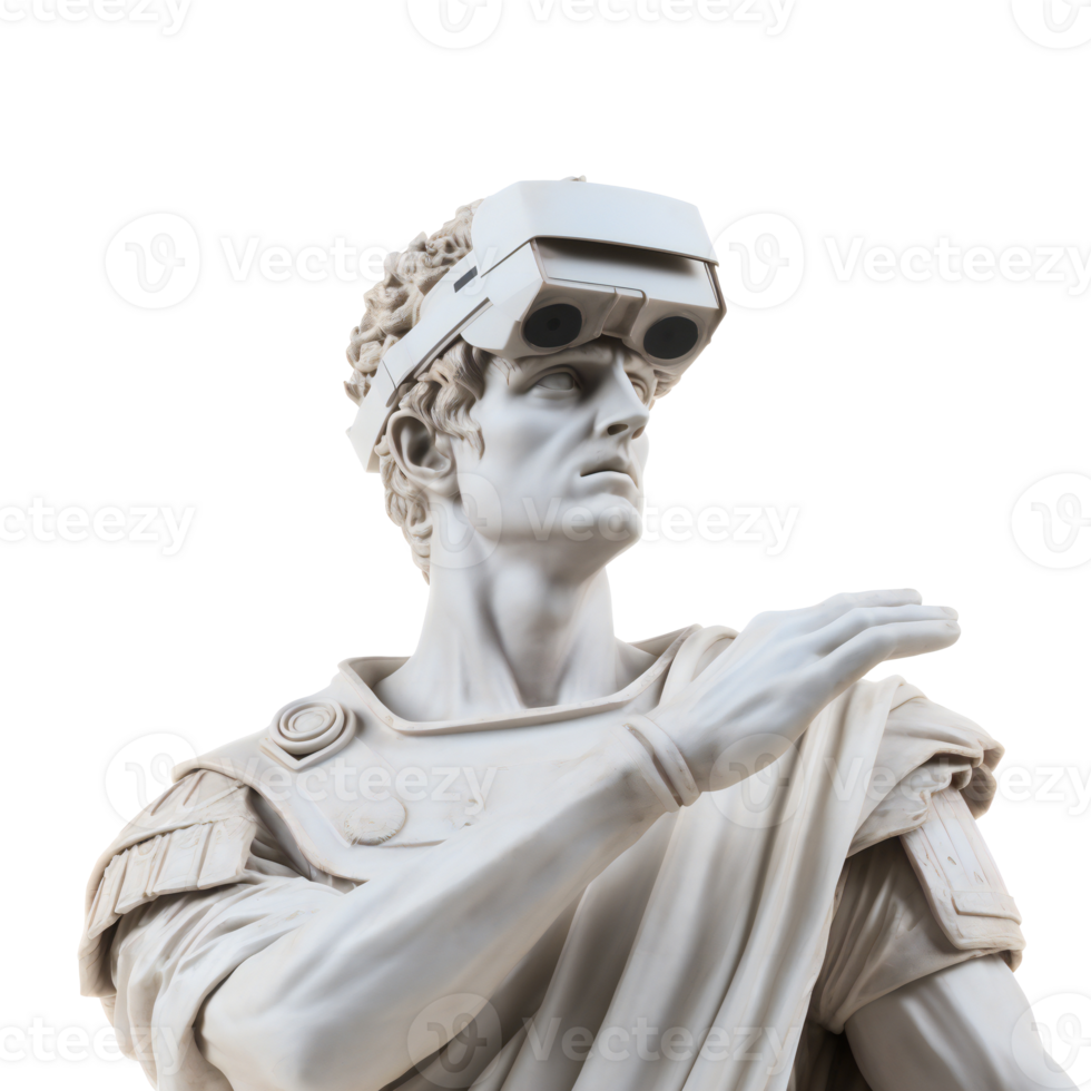 classical man sculpture with VR visor headset. bust of man wearing VR. isolated on transparent png