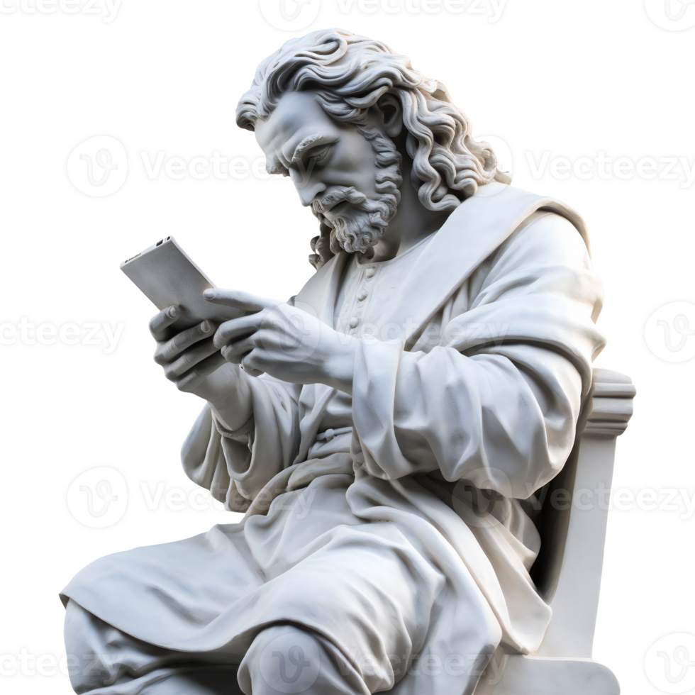 classic gypsum statue of man using smartphone. Statue with mobile. isolated on transparent png