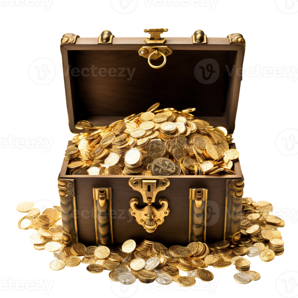 chest gold treasure cut out. Open treasure chest filled with gold coins isolated on transparent png
