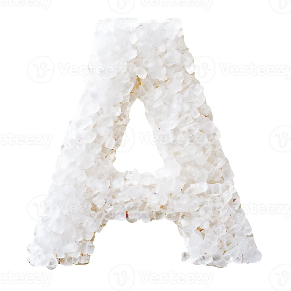 English letter A whose texture is like piles of white crystals. letter A isolated on transparent png