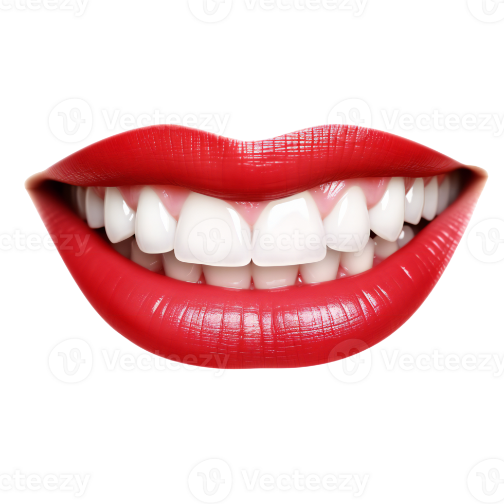 Sexy red female smile lips. Red Lipstick. Mouth with slightly open red lips. isolated on transparent png