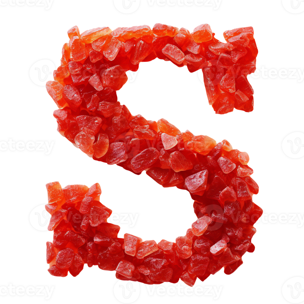 English letter S whose texture is like piles of red crystalline. letter S isolated on transparent png