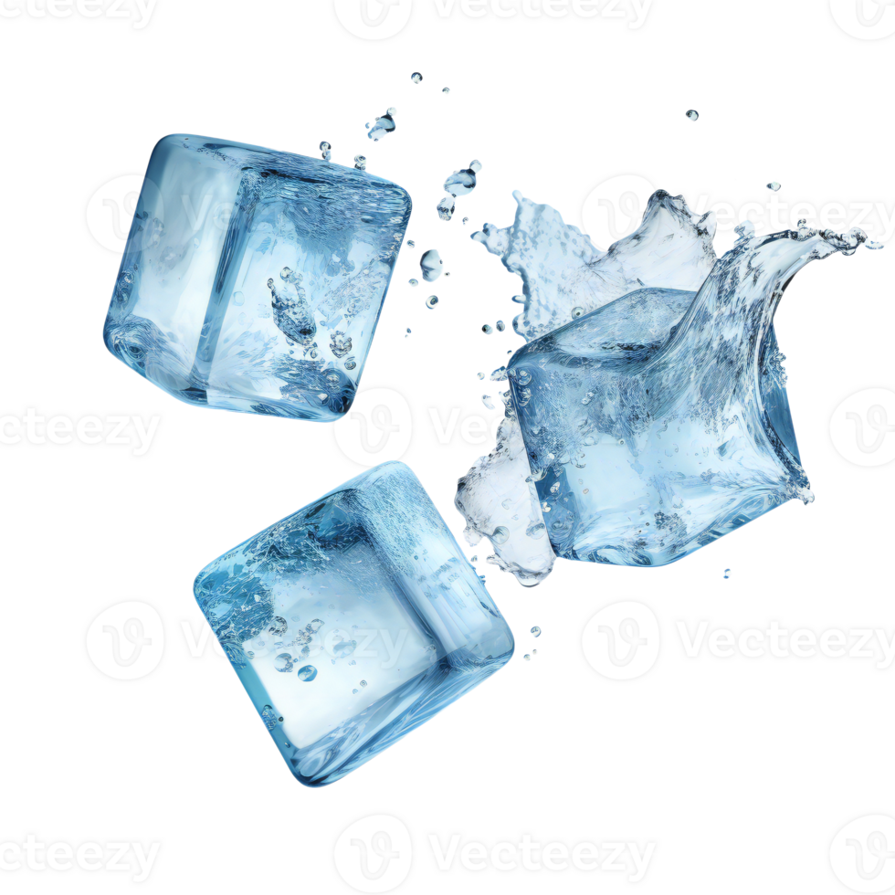 three flying ice cubes. ice cubes isolated on transparent png