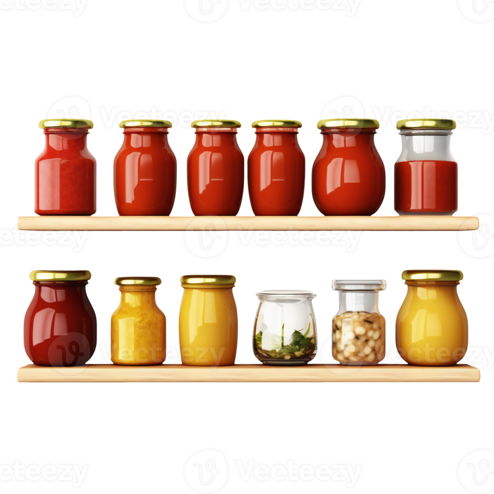 Shelves with vibrant colorful jars of food and spices. Shelves with jars isolated on transparent png
