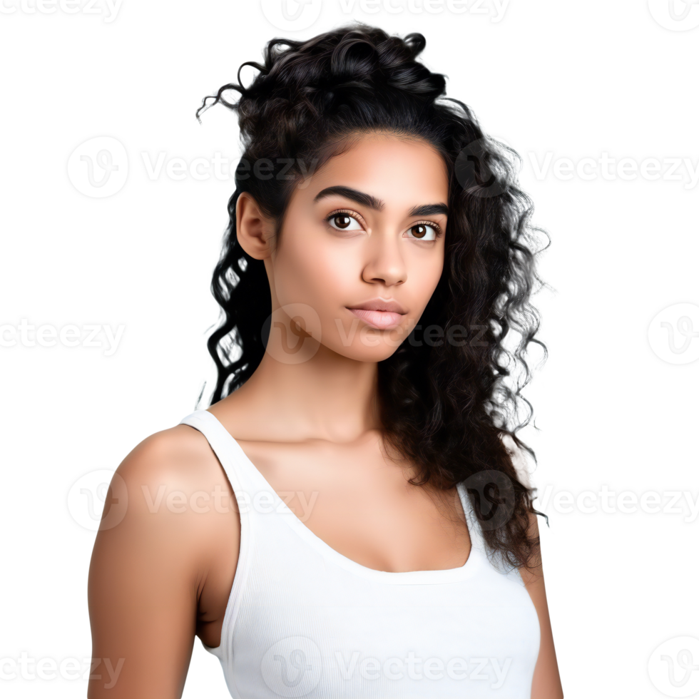 Young latin curly woman wearing white t-shirt. Isolated on transparent png