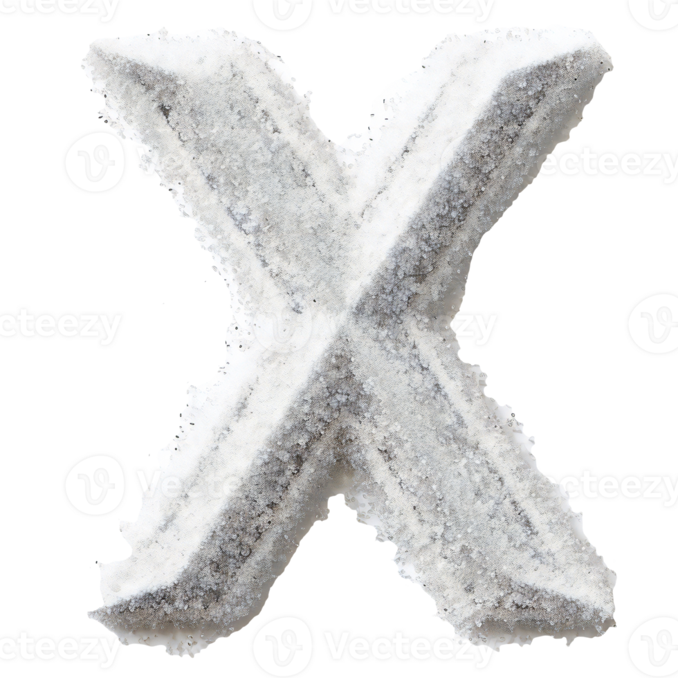 English letter X whose texture is like piles of white crystalline. letter X isolated on transparent png