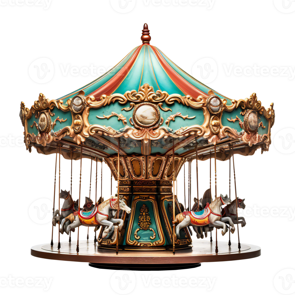 Ornate vintage carousel with horses, isolated on transparent png