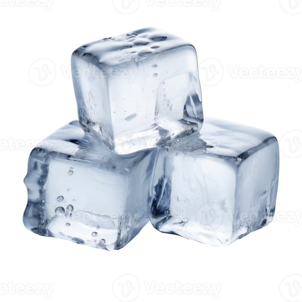 Three transparent ice cubes, isolated on transparent png