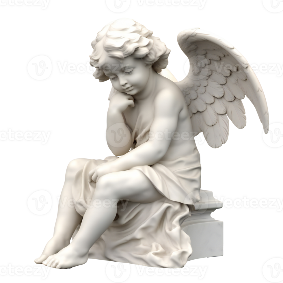 Marble statue of a cherub sitting, isolated on transparent png