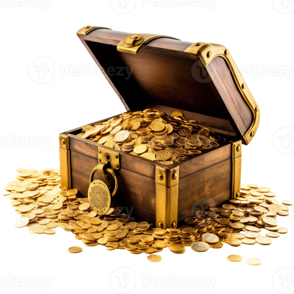 Open treasure chest overflowing with gold coins, isolated on transparent png