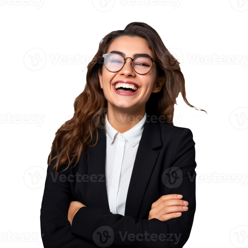 Joyful businesswoman with glasses laughing, isolated on transparent png
