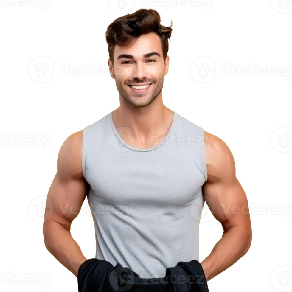 Smiling muscular man in a gray tank top, isolated on transparent png
