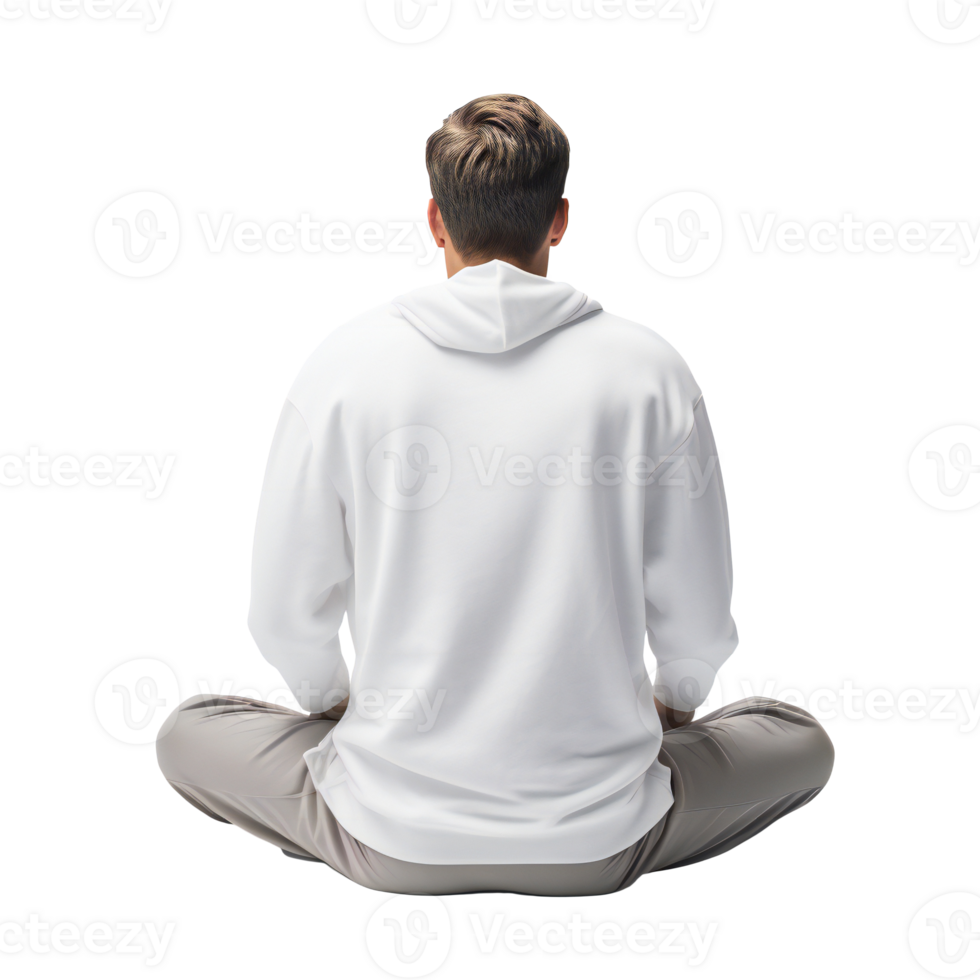 Man sitting in lotus position wearing white hoodie, isolated on transparent png