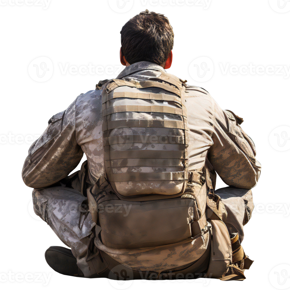 Soldier in camouflage uniform sitting with a backpack, isolated on transparent png