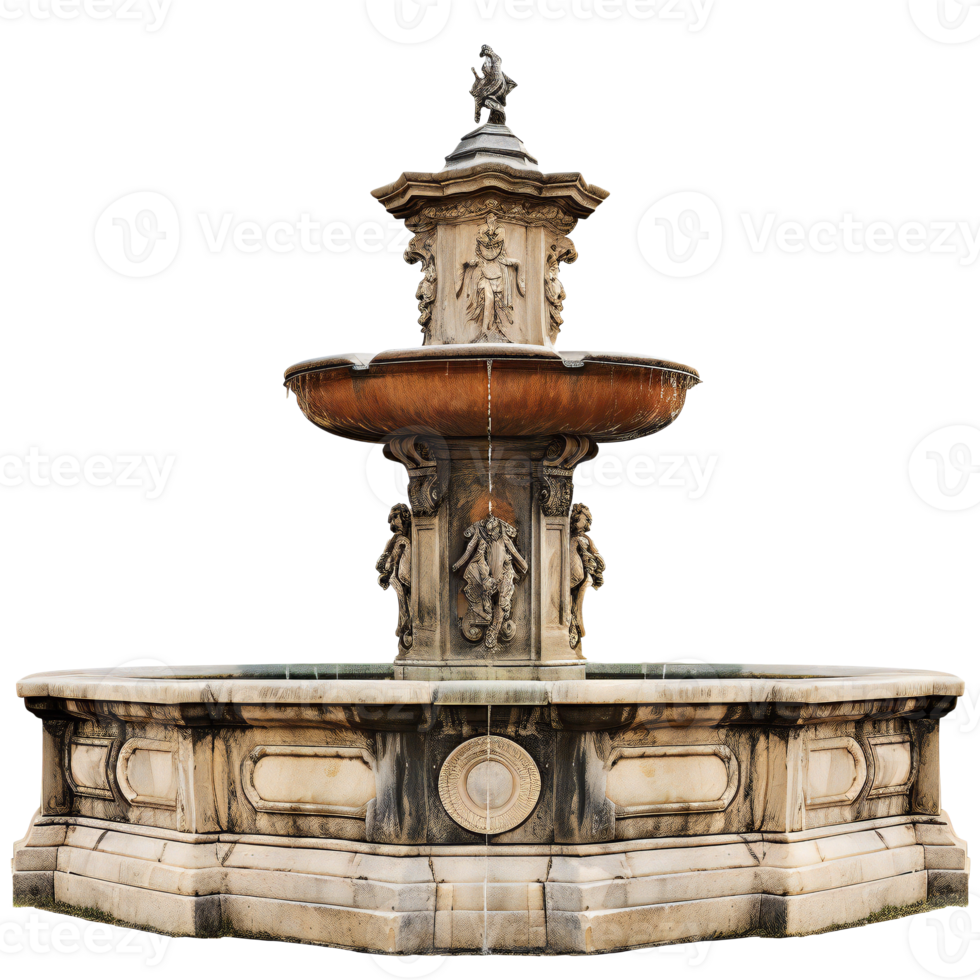 Ornate stone fountain with sculptures, isolated on transparent png