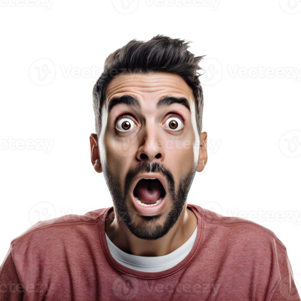 Shocked man with wide eyes and open mouth, isolated on transparent png