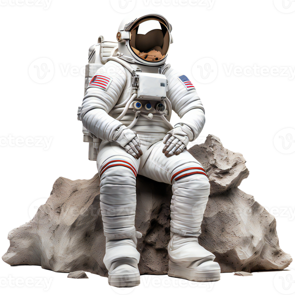 astronaut on the Moon sitting on a rock, isolated on transparent png