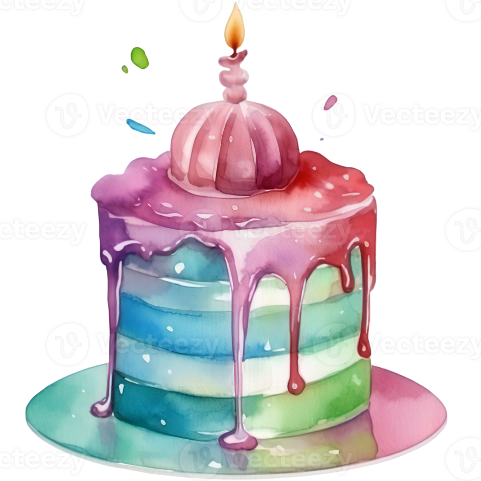 Watercolor Birthday cake with candles and decorations isolated on transparent png