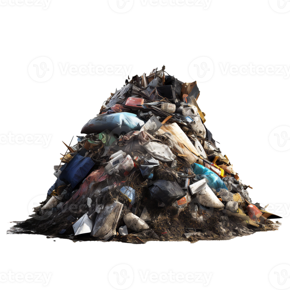 Big pile of garbage heap in black and blue trash bags isolated on transparent png