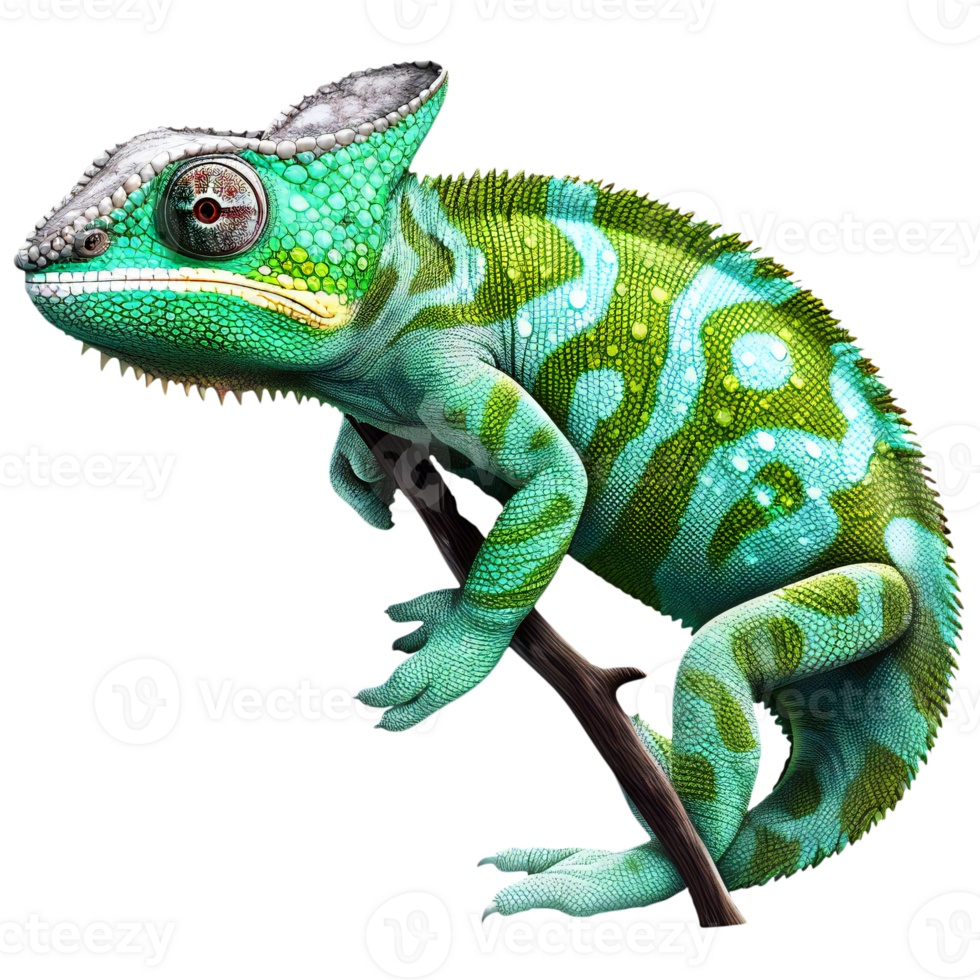 Green coloured Chamaeleo calyptratus on a branch, isolated. art png