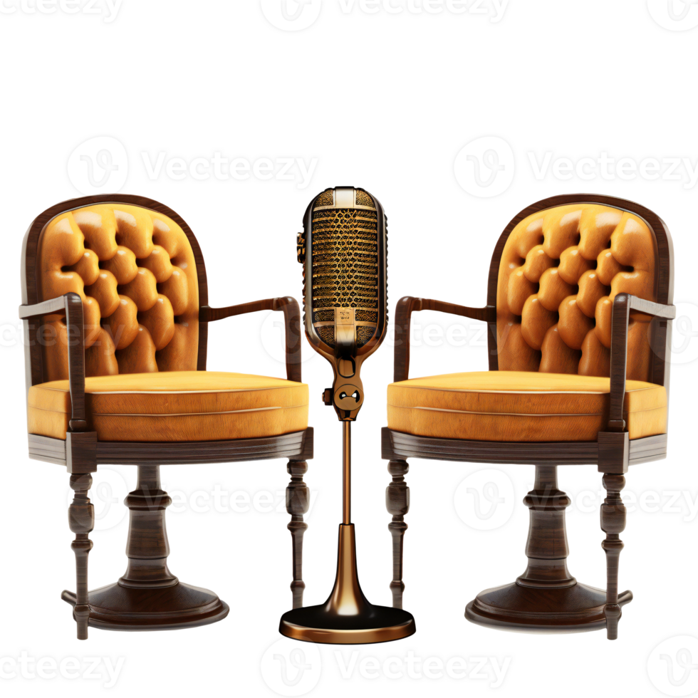 Two chairs and microphone in podcas room isolated. art png