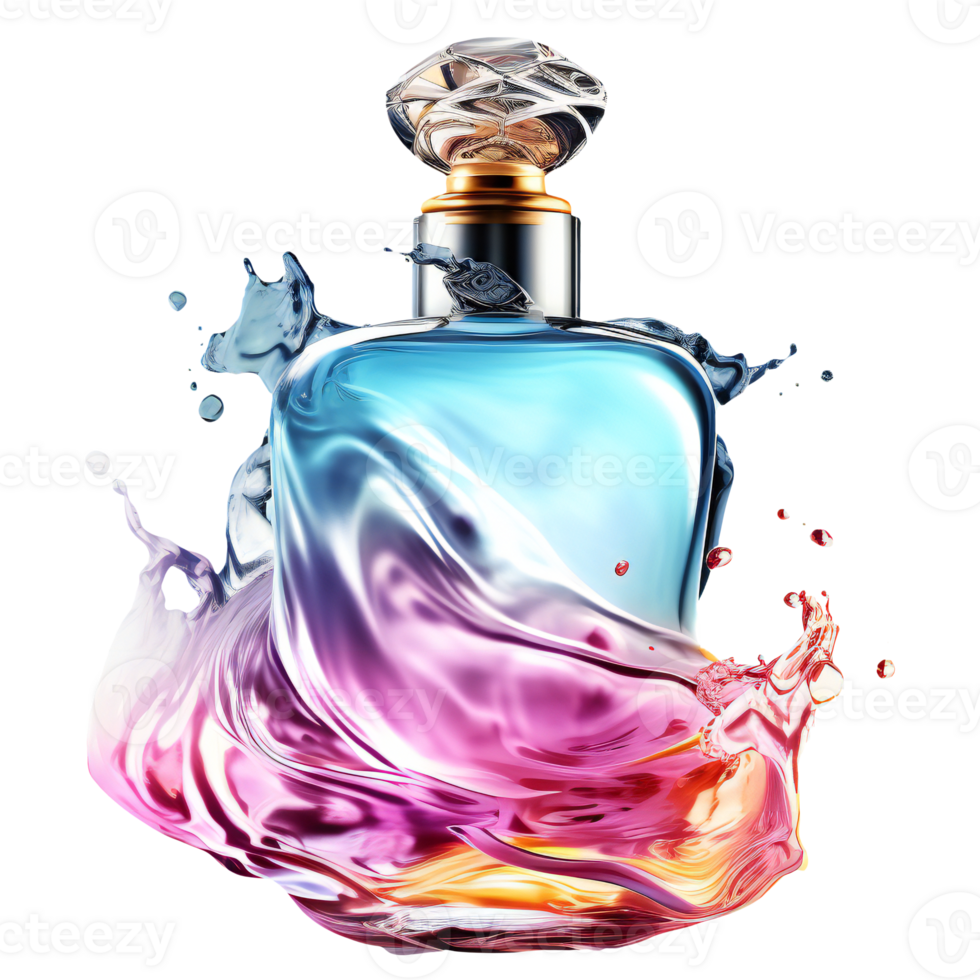 generic luxury perfume bottle with liquid waves splashes isolated. art png