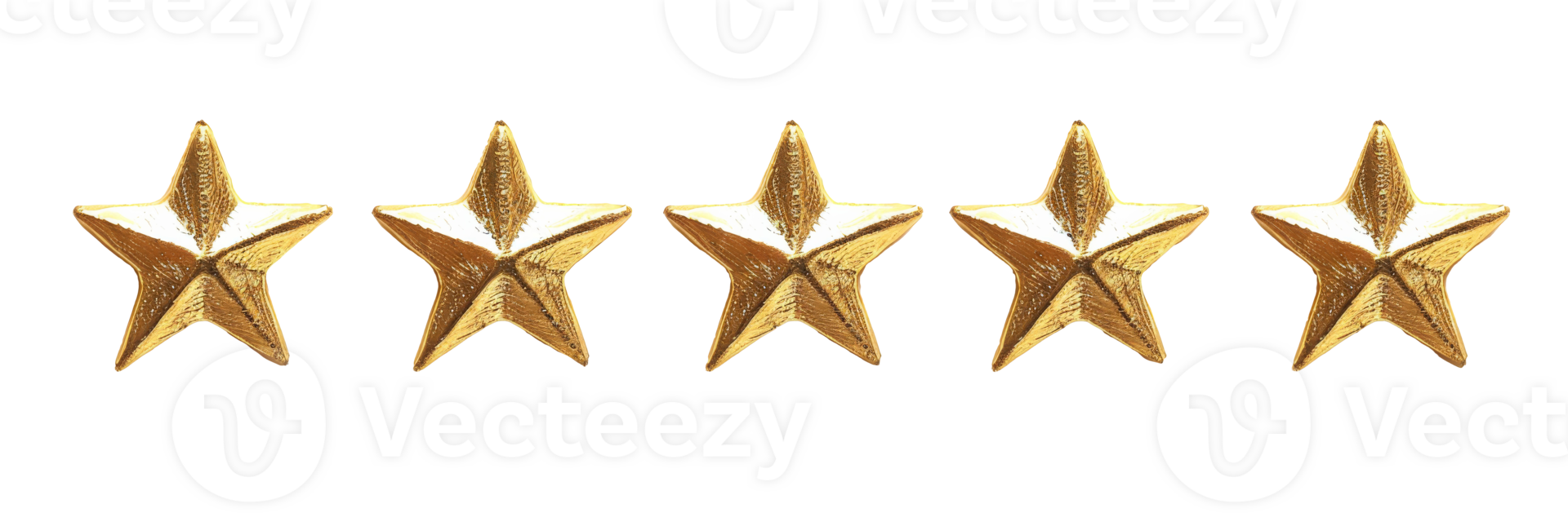 Five golden stars arranged in a row, representing a perfect product rating, set against a transparent background for easy integration png
