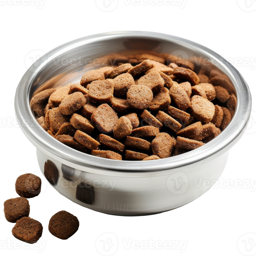 Dry dog food in a silver bowl, isolated, showcasing kibble in the shiny metal bowl png
