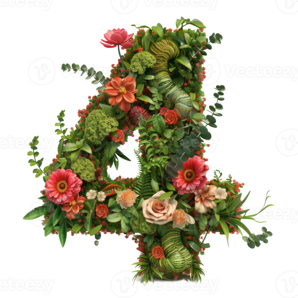 A 3D rendered flower number 4, crafted from vibrant garden florals and plants, isolated on a transparent background png