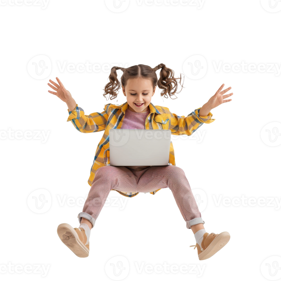 Full body image of a little girl floating in the air while using a laptop, isolated on a transparent background. png