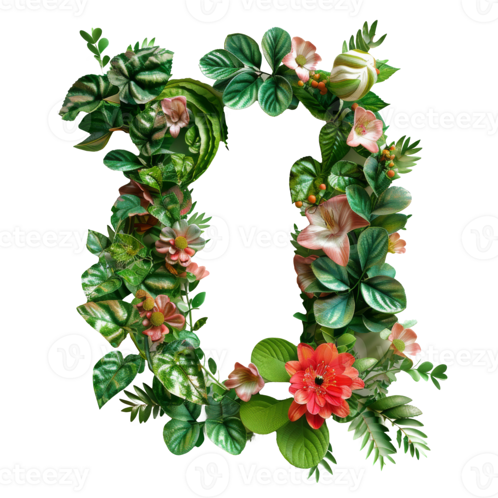 A 3D rendered flower number 0, designed with colorful garden florals and plants, isolated on a transparent background png